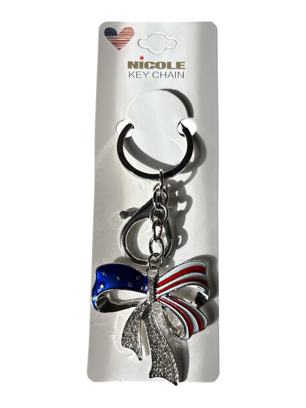 Nicole Silver Patriotic Bow Keychain with Red, White & Blue Enamel